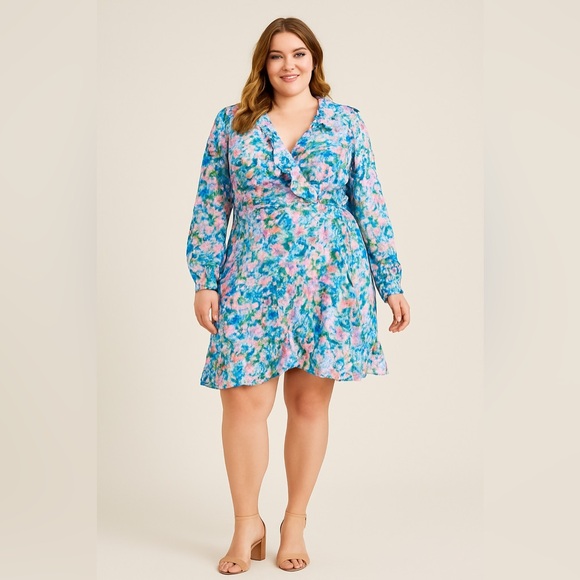 Bar III Plus Floral Ruffle Wrap Dress Long Sleeve Blue Pink Size 2X - Picture 1 of 13
